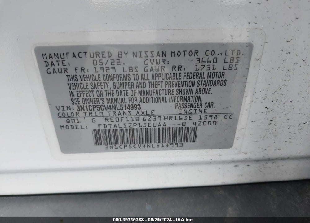 2022 NISSAN KICKS SV XTRONIC CVT VIN: 3N1CP5CV4NL514993