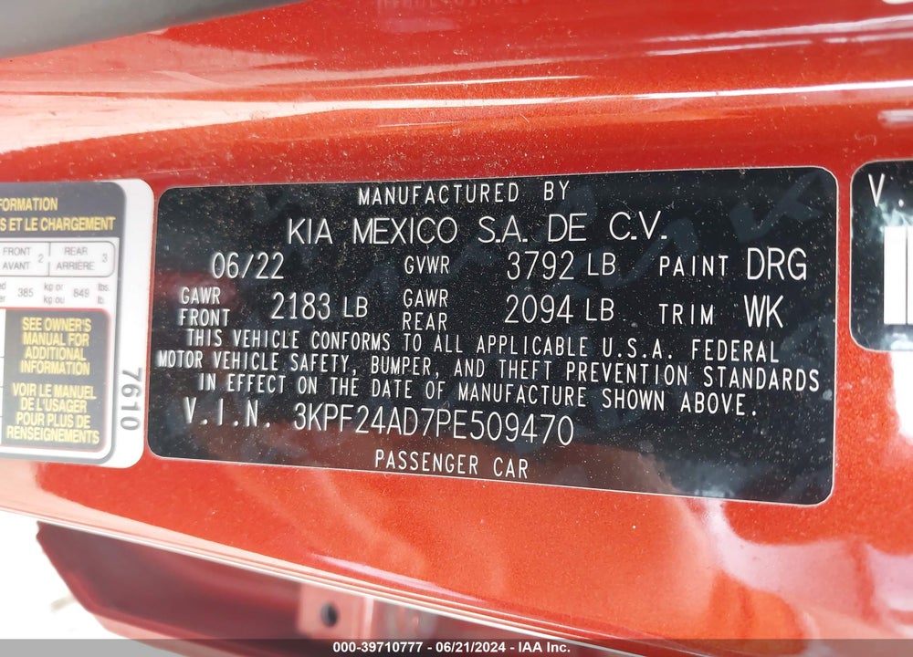 2023 KIA FORTE LXS VIN: 3KPF24AD7PE509470