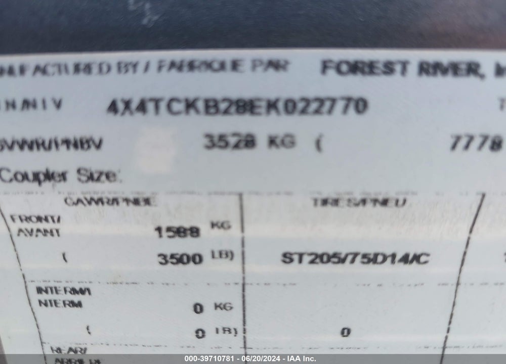 2014 FOREST RIVER CHEROKEE TRAVEL TRAILER VIN: 4X4TCKB28EK022770