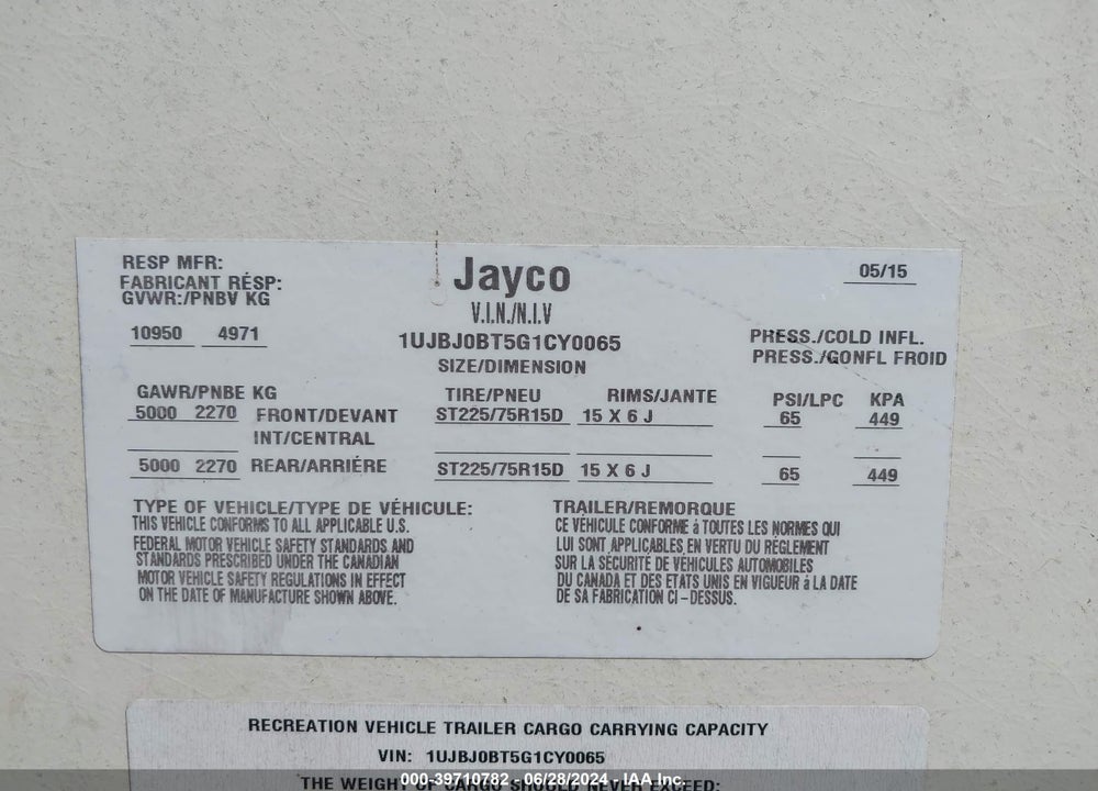2016 JAYCO EAGLE VIN: 1UJBJ0BT5G1CY0065