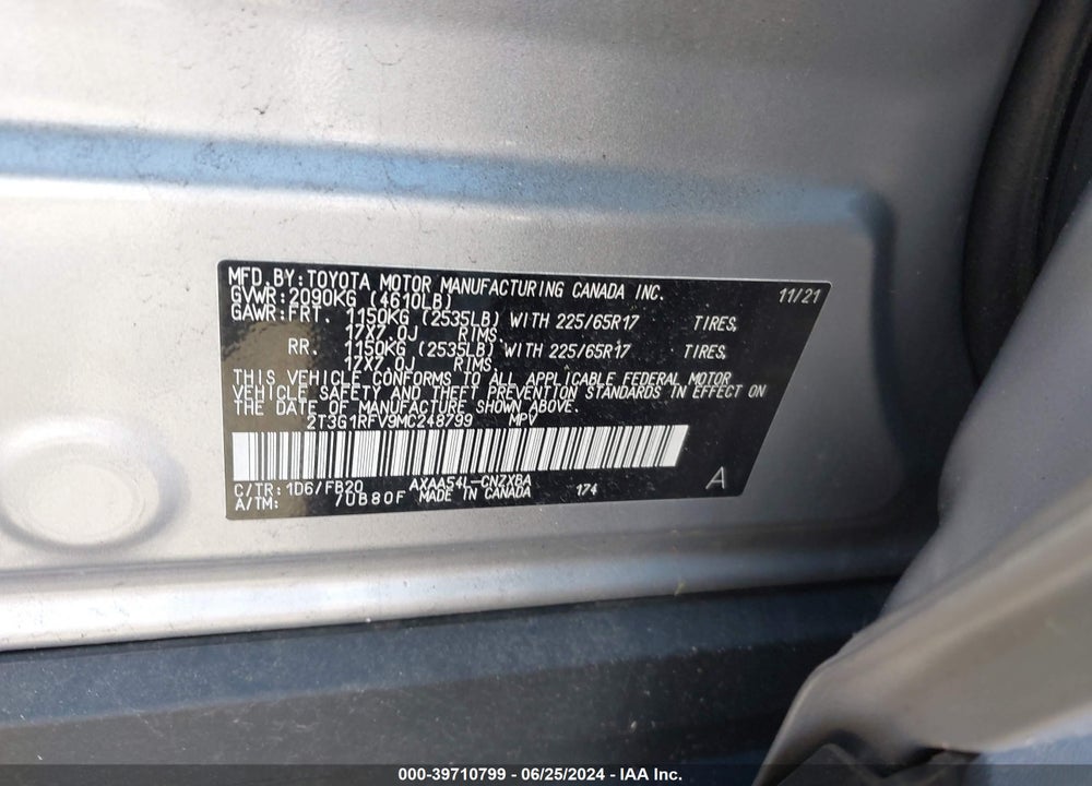 2021 TOYOTA RAV4 LE VIN: 2T3G1RFV9MC248799