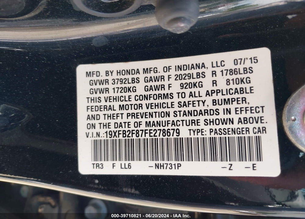 2015 HONDA CIVIC EX VIN: 19XFB2F87FE278679