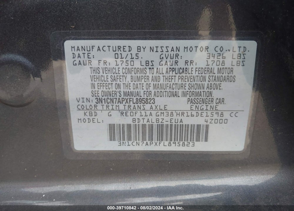 2015 NISSAN VERSA 1.6 S/1.6 S+/1.6 SL/1.6 SV VIN: 3N1CN7APXFL895823