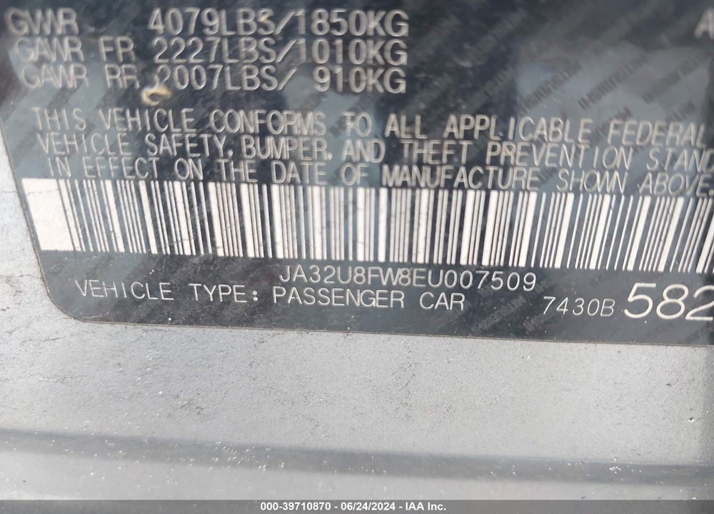 2014 MITSUBISHI LANCER GT VIN: JA32U8FW8EU007509