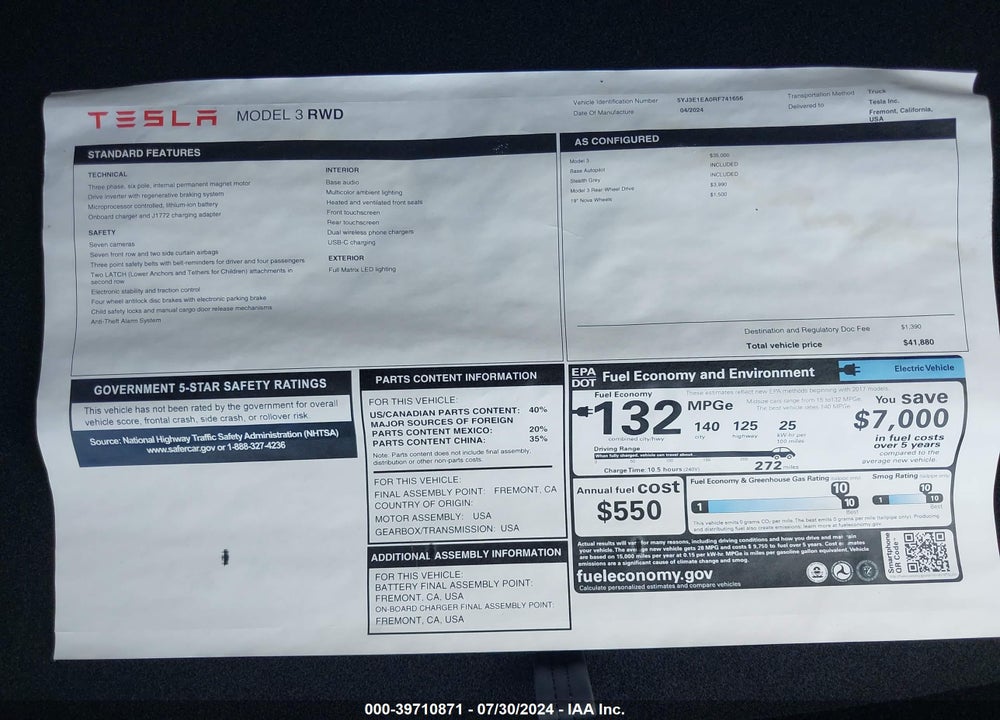 2024 TESLA MODEL 3 REAR-WHEEL DRIVE VIN: 5YJ3E1EA0RF741656