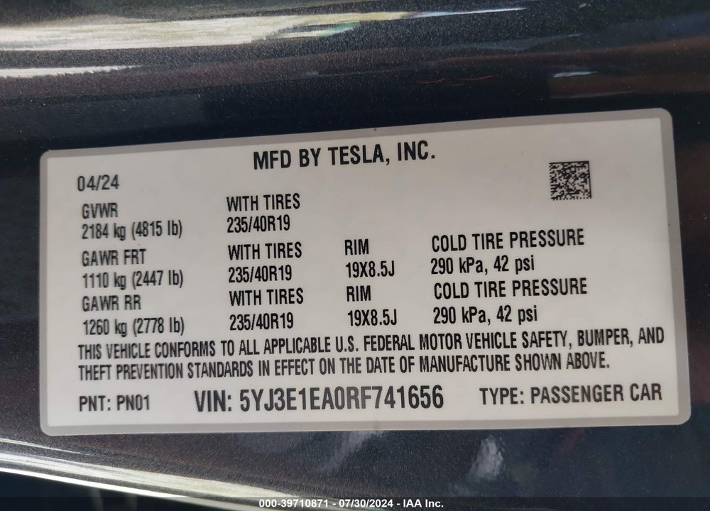 2024 TESLA MODEL 3 REAR-WHEEL DRIVE VIN: 5YJ3E1EA0RF741656