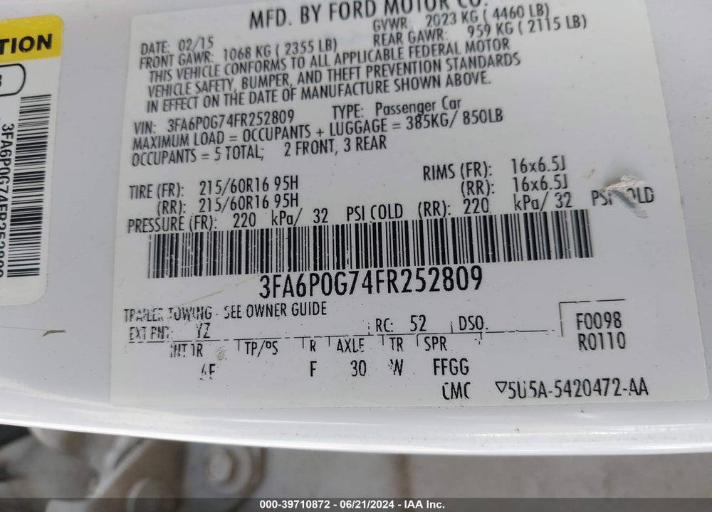 2015 FORD FUSION S VIN: 3FA6P0G74FR252809