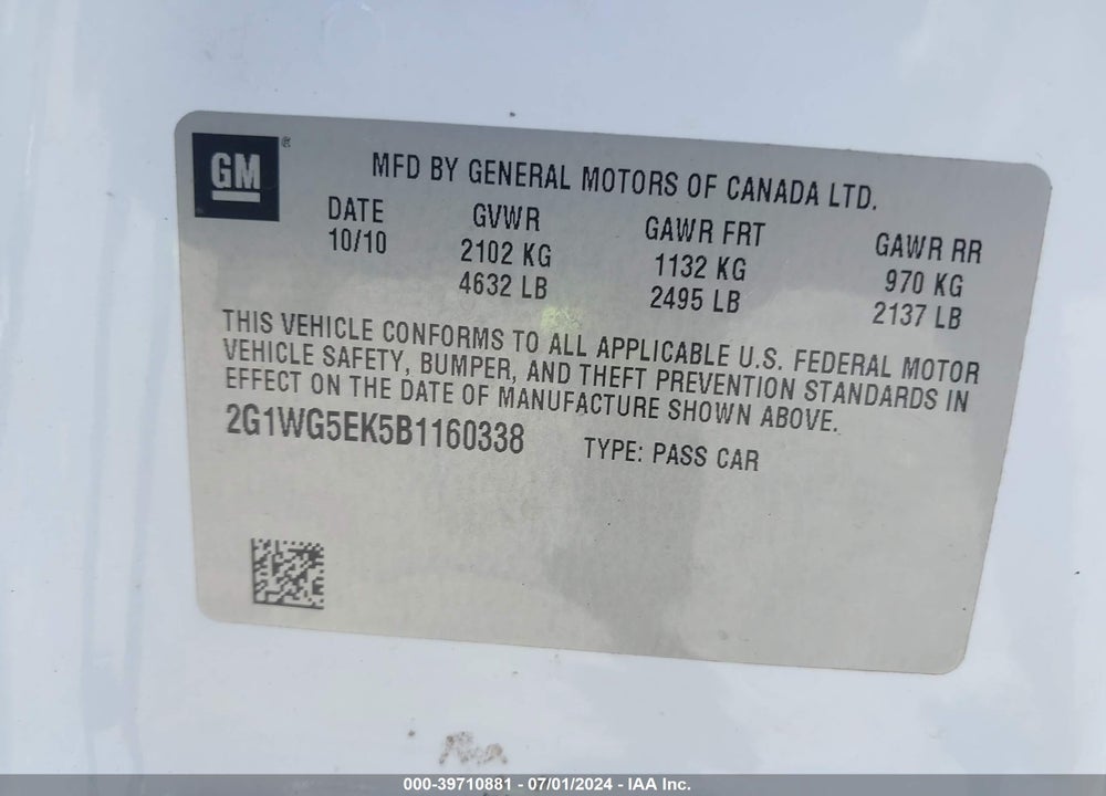 2011 CHEVROLET IMPALA LT VIN: 2G1WG5EK5B1160338
