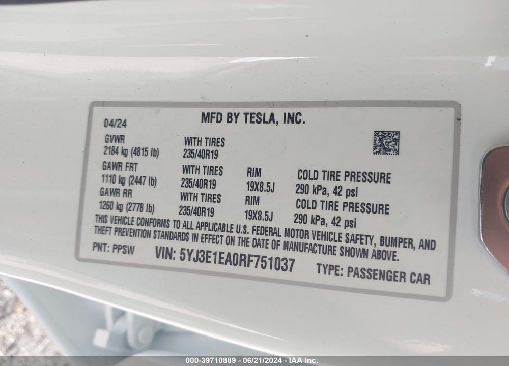 2024 TESLA MODEL 3 REAR-WHEEL DRIVE VIN: 5YJ3E1EA0RF751037