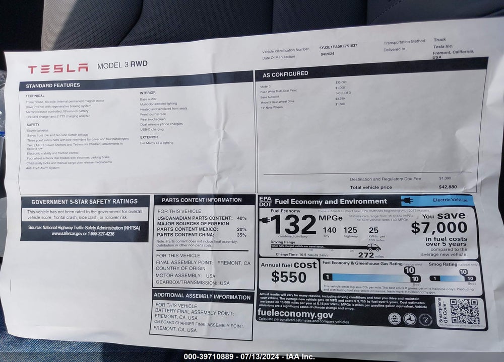 2024 TESLA MODEL 3 REAR-WHEEL DRIVE VIN: 5YJ3E1EA0RF751037