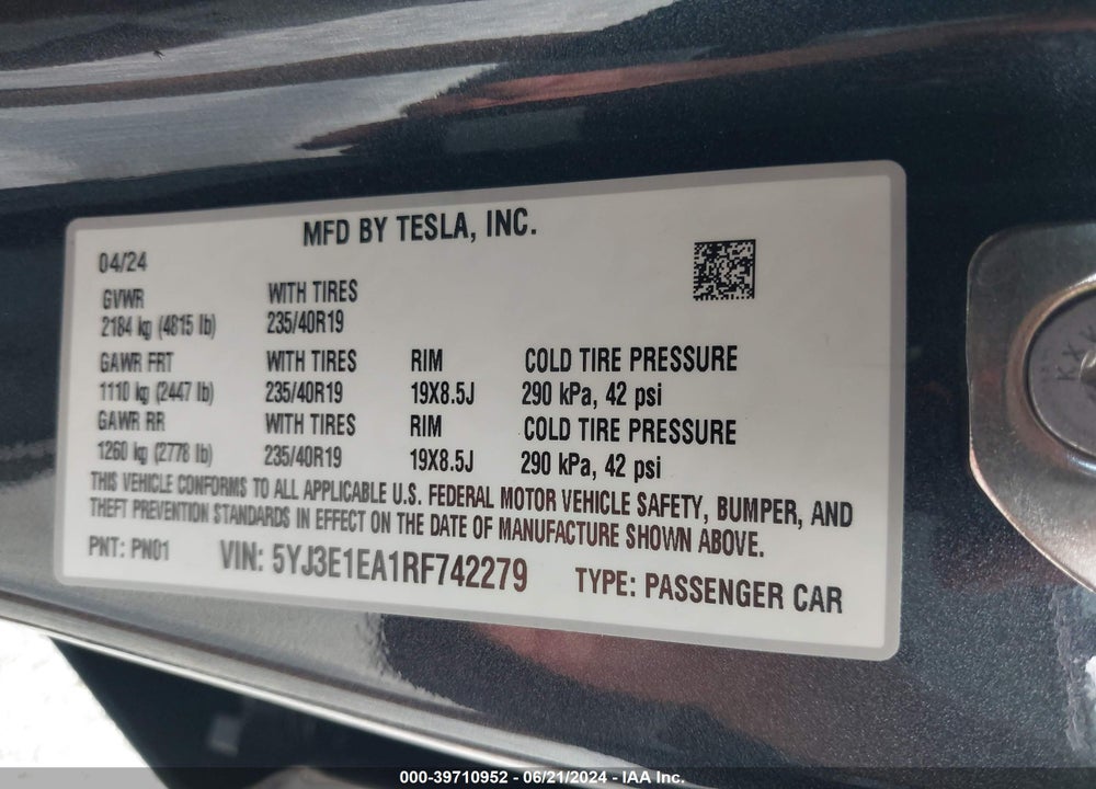 2024 TESLA MODEL 3 REAR-WHEEL DRIVE VIN: 5YJ3E1EA1RF742279