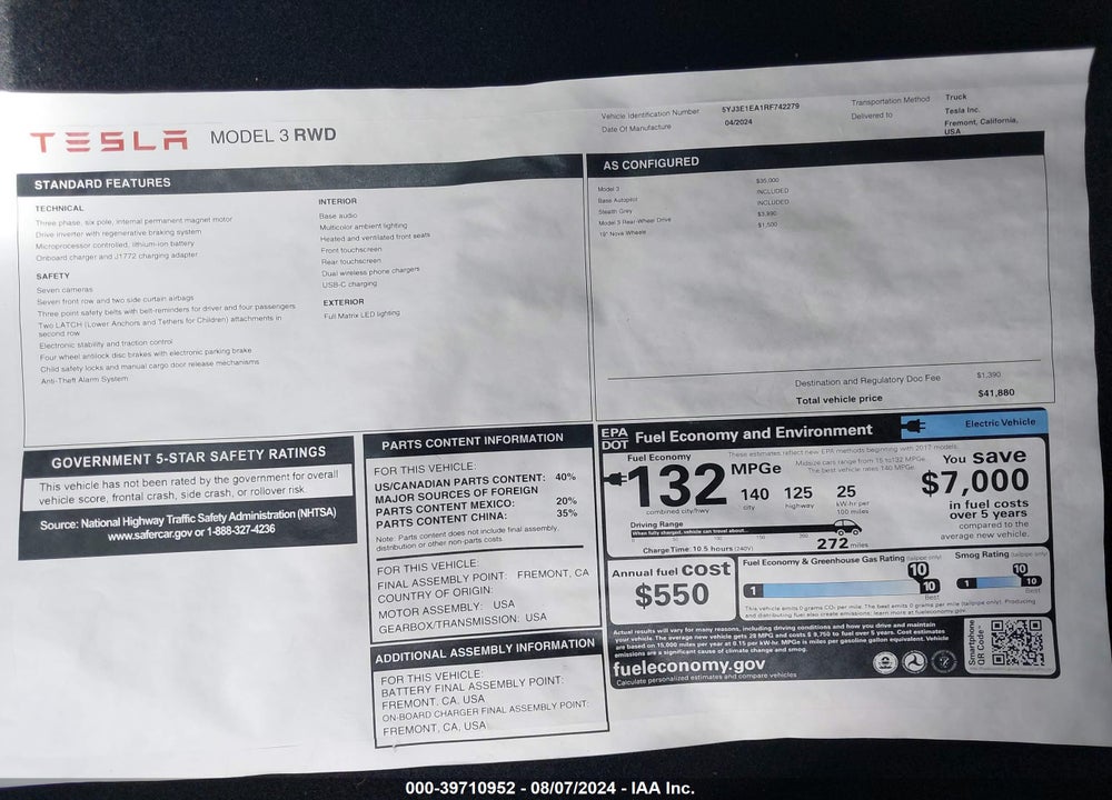 2024 TESLA MODEL 3 REAR-WHEEL DRIVE VIN: 5YJ3E1EA1RF742279