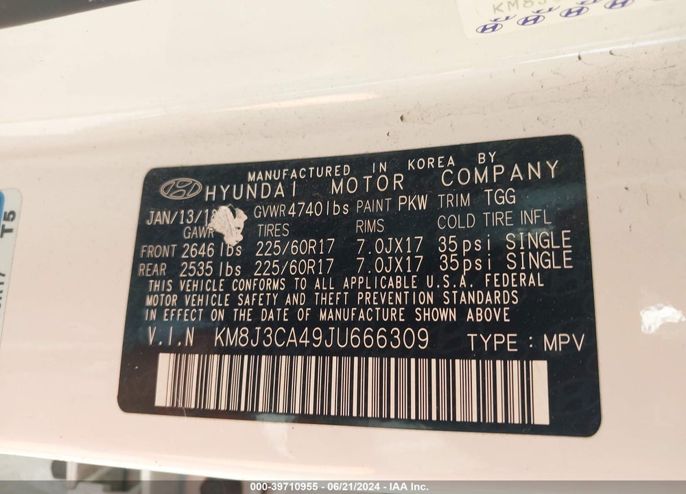 2018 HYUNDAI TUCSON SEL VIN: KM8J3CA49JU666309