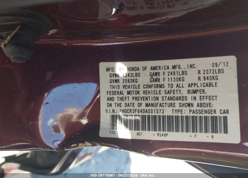 2013 HONDA ACCORD EX-L V-6 VIN: 1HGCR3F84DA001073