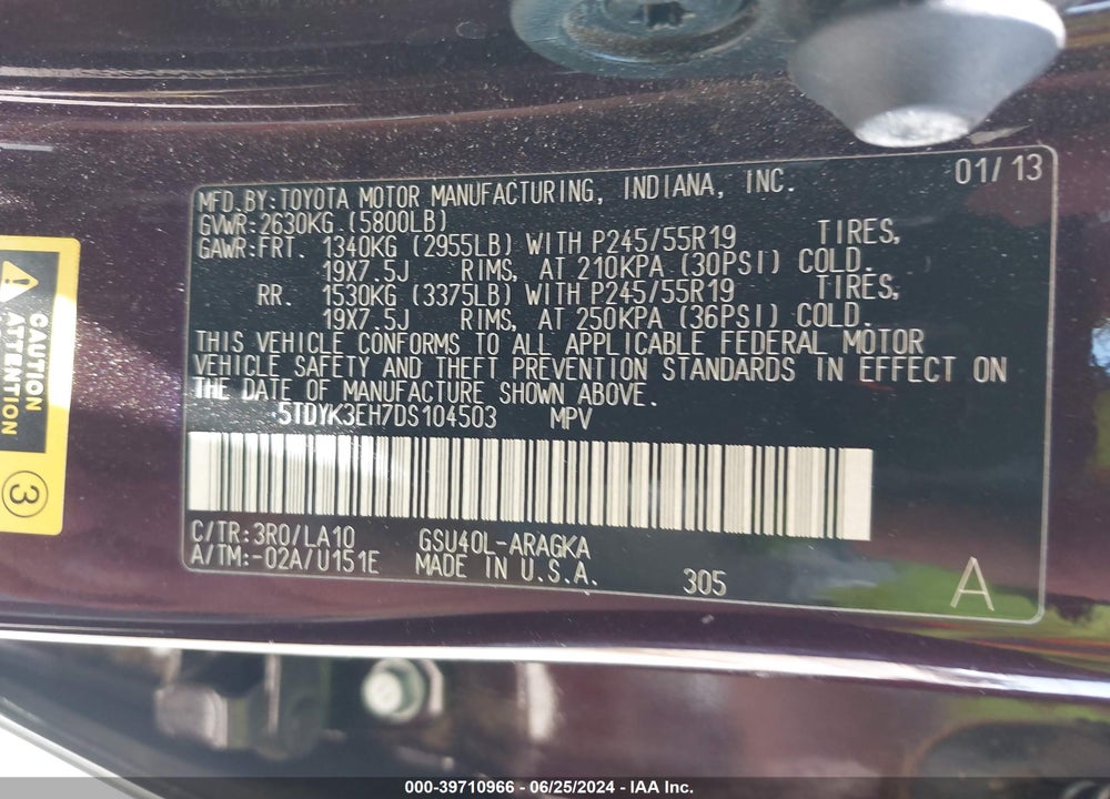 2013 TOYOTA HIGHLANDER LIMITED V6 VIN: 5TDYK3EH7DS104503