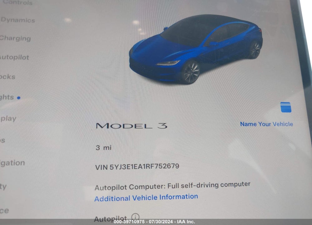 2024 TESLA MODEL 3 REAR-WHEEL DRIVE VIN: 5YJ3E1EA1RF752679