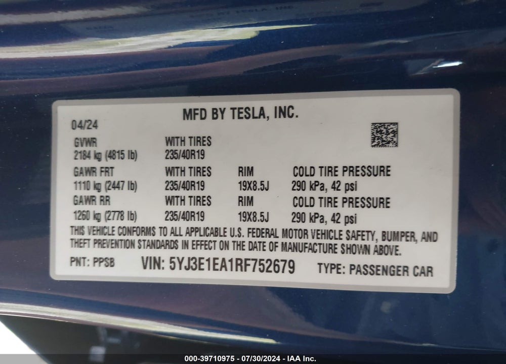 2024 TESLA MODEL 3 REAR-WHEEL DRIVE VIN: 5YJ3E1EA1RF752679