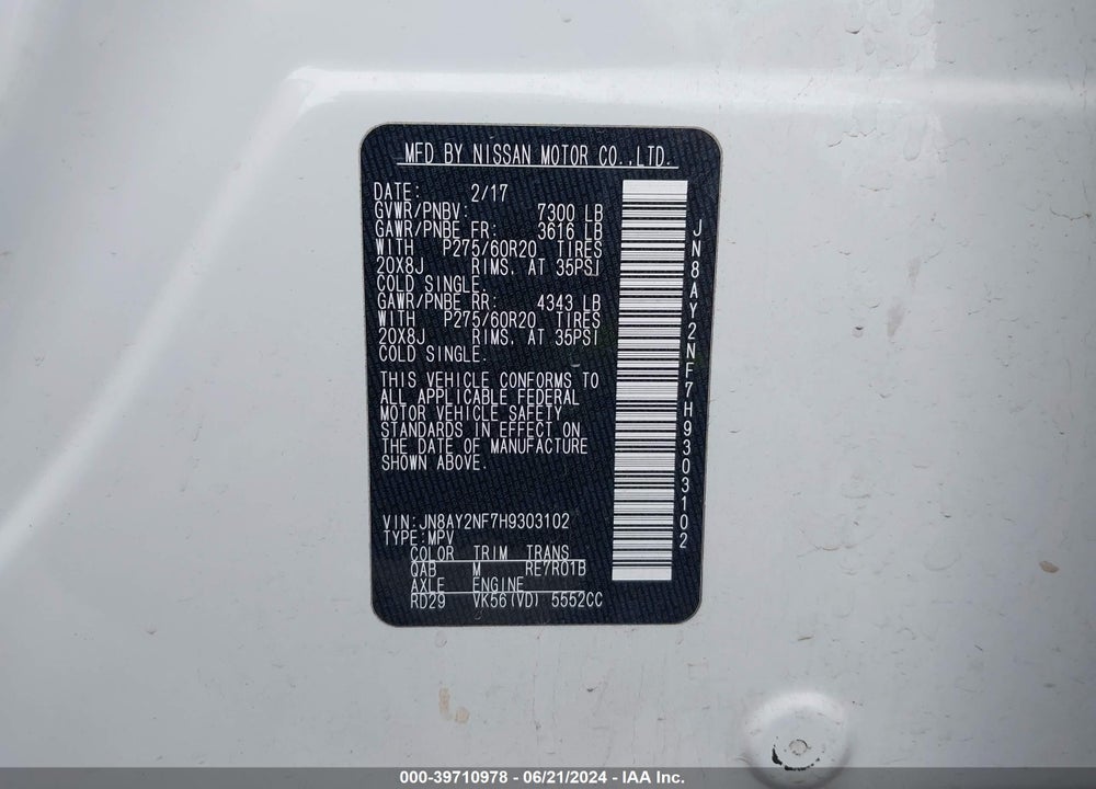 2017 NISSAN ARMADA PLATINUM VIN: JN8AY2NF7H9303102