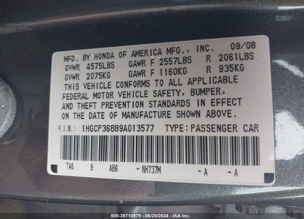 2009 HONDA ACCORD 3.5 EX-L VIN: 1HGCP36889A013577
