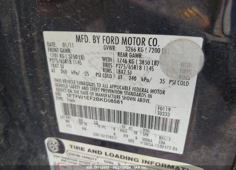 2011 FORD F-150 LARIAT VIN: 1FTFW1EF2BKD08581