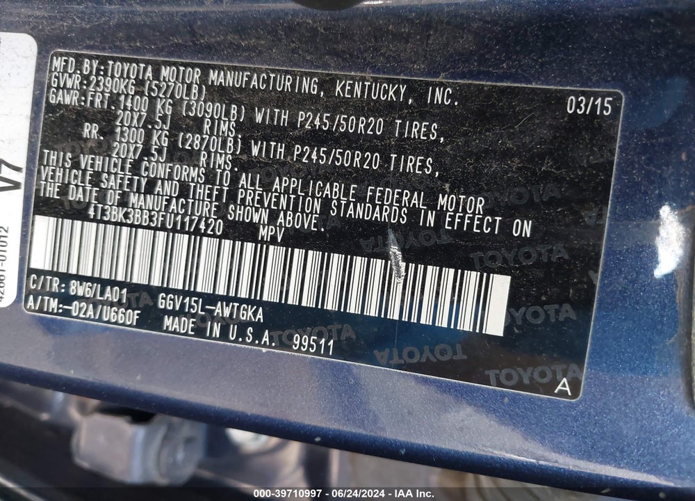 2015 TOYOTA VENZA XLE V6 VIN: 4T3BK3BB3FU117420