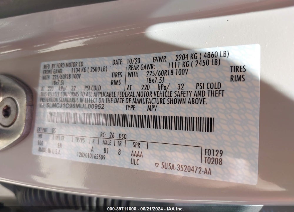2021 LINCOLN CORSAIR STANDARD VIN: 5LMCJ1C96MUL00952