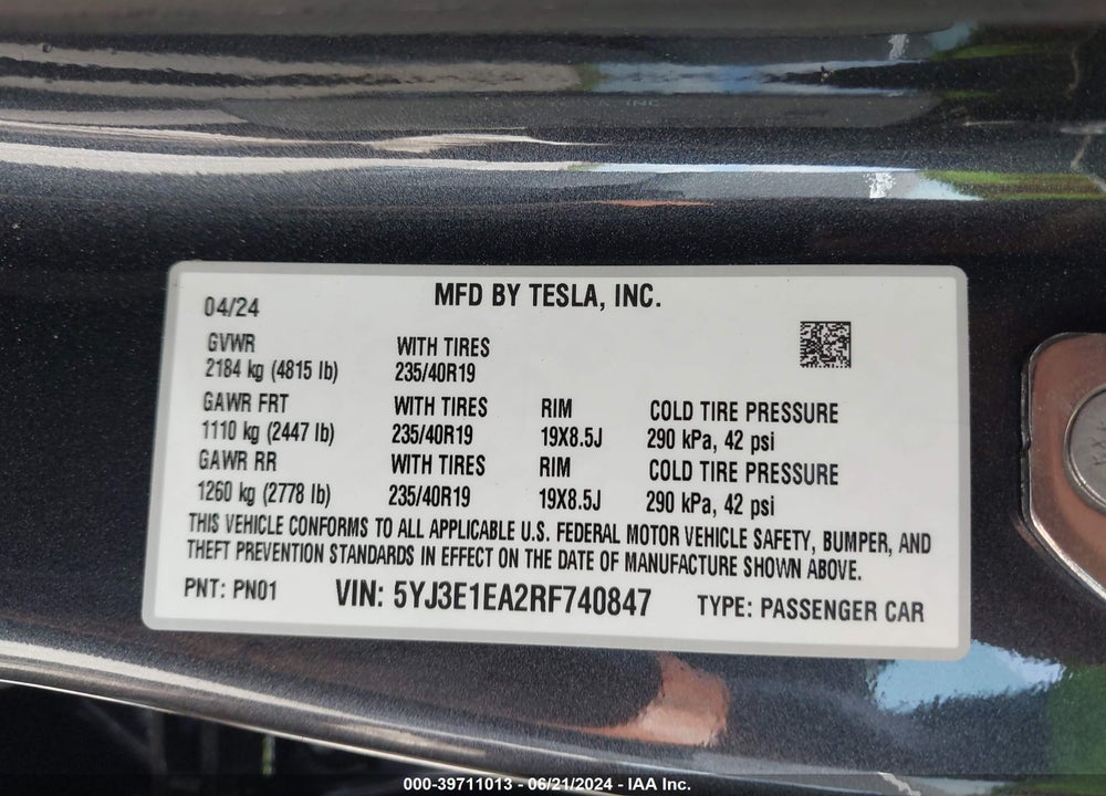 2024 TESLA MODEL 3 REAR-WHEEL DRIVE VIN: 5YJ3E1EA2RF740847