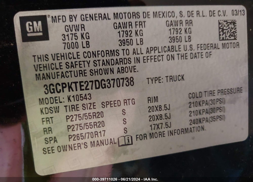 2013 CHEVROLET SILVERADO 1500 LTZ VIN: 3GCPKTE27DG370738