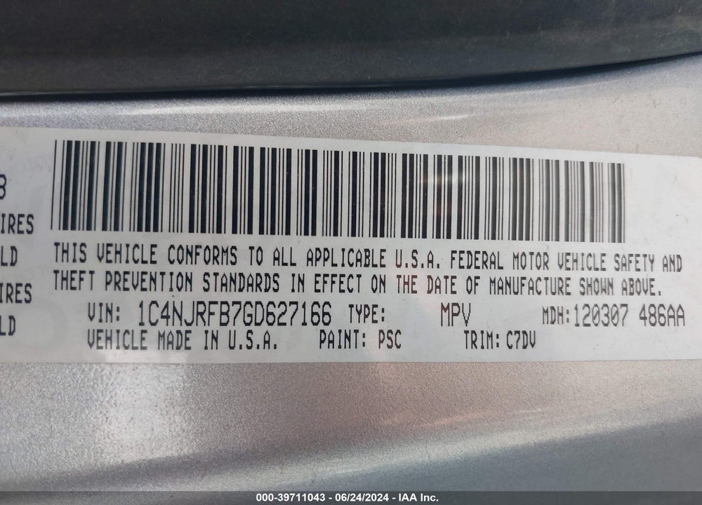 2016 JEEP PATRIOT LATITUDE VIN: 1C4NJRFB7GD627166