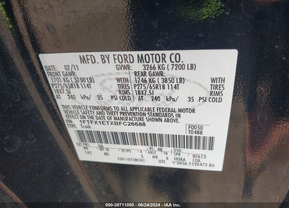 2011 FORD F-150 XLT VIN: 1FTFX1ETXBFC26688