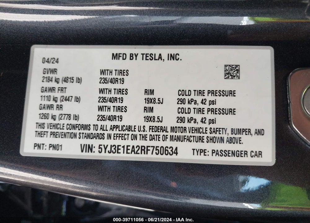 2024 TESLA MODEL 3 REAR-WHEEL DRIVE VIN: 5YJ3E1EA2RF750634
