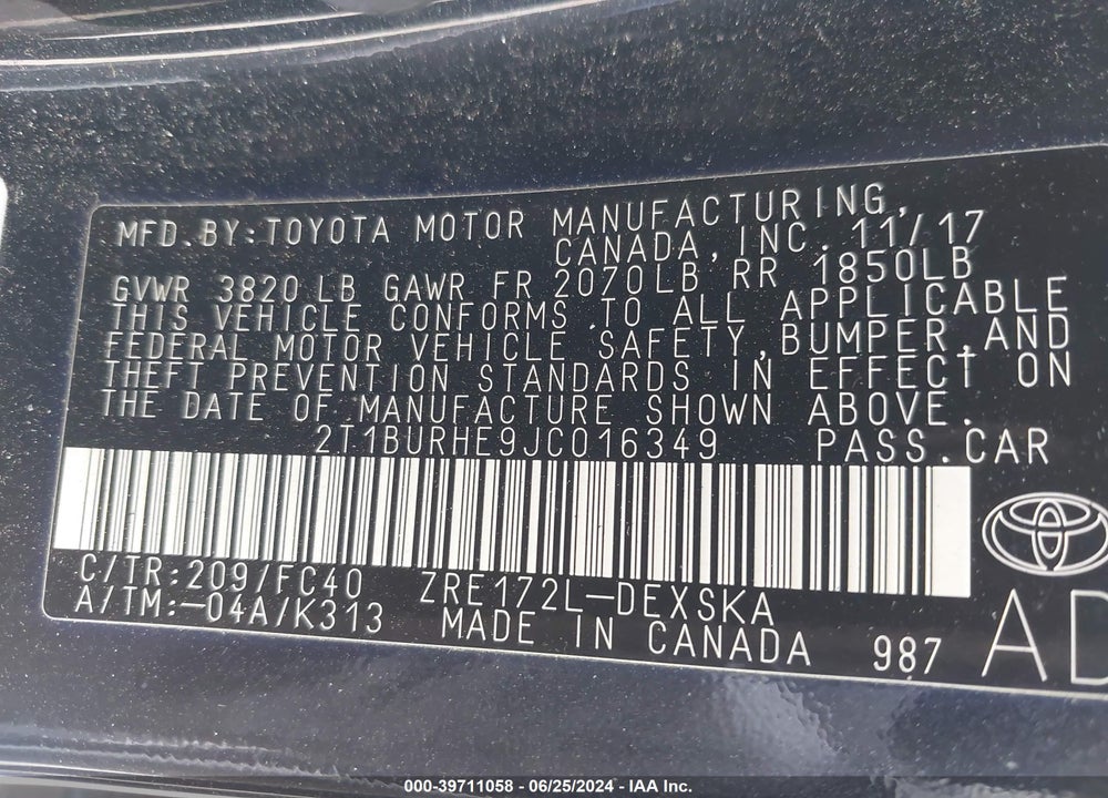 2018 TOYOTA COROLLA SE VIN: 2T1BURHE9JC016349