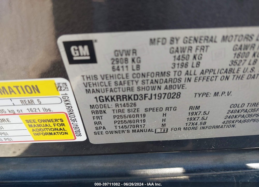 2015 GMC ACADIA SLT-1 VIN: 1GKKRRKD3FJ197028