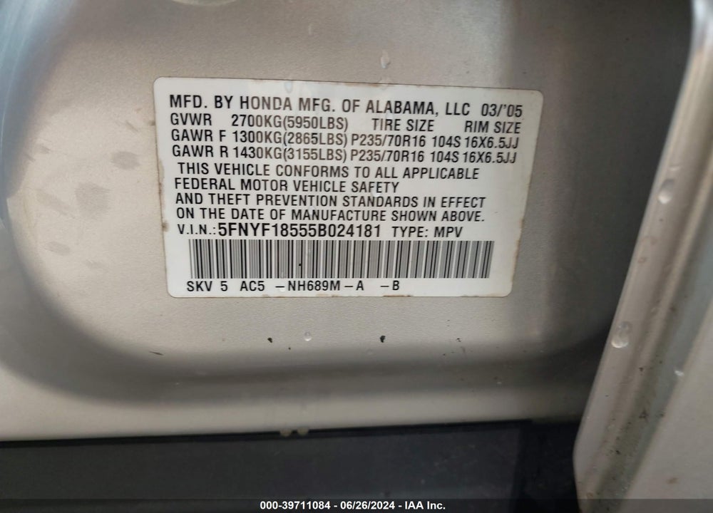 2005 HONDA PILOT EX-L VIN: 5FNYF18555B024181