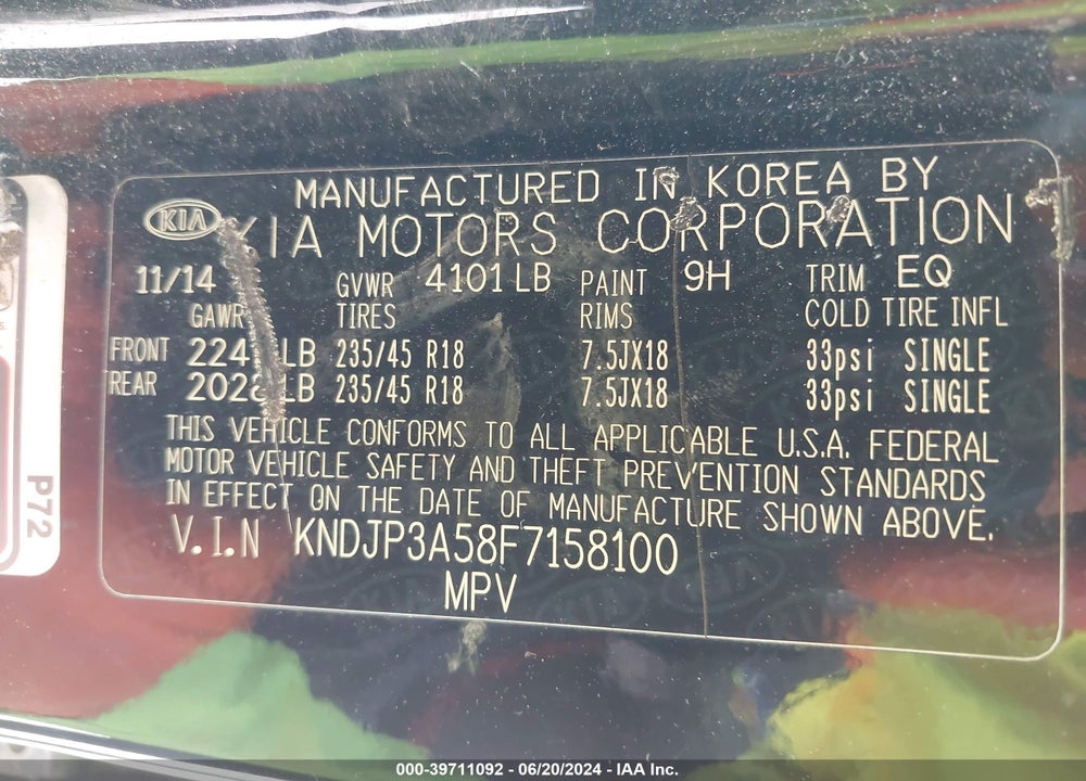 2015 KIA SOUL VIN: KNDJP3A58F7158100