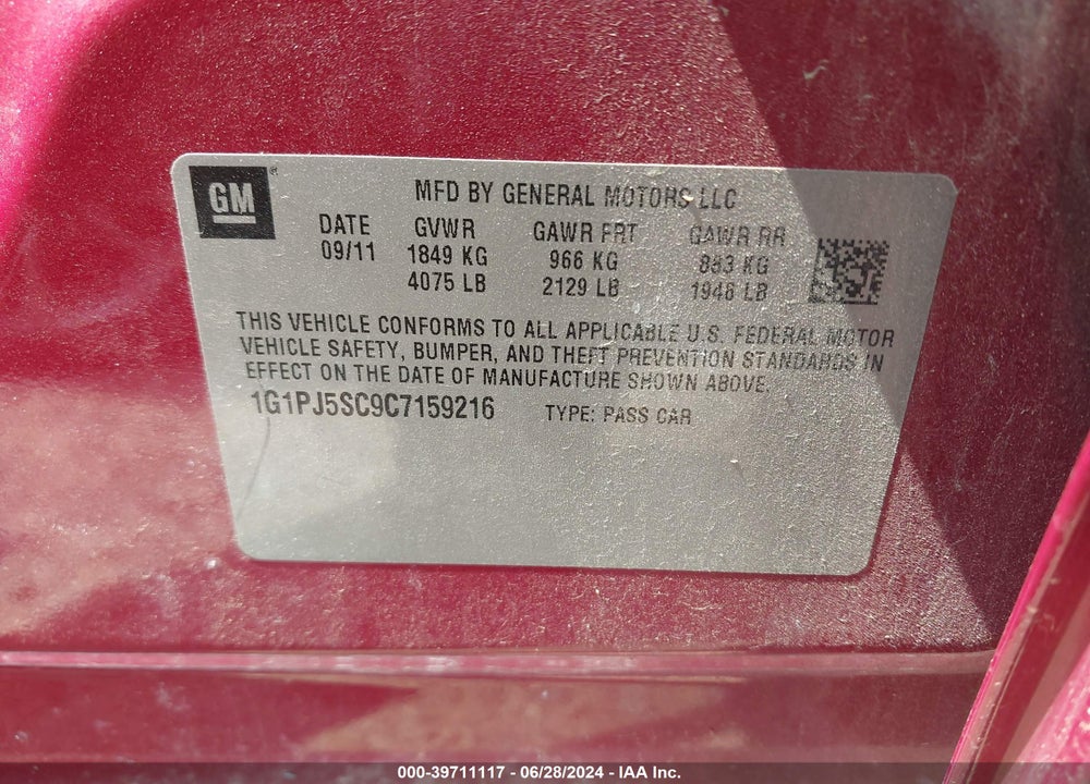 2012 CHEVROLET CRUZE ECO VIN: 1G1PJ5SC9C7159216