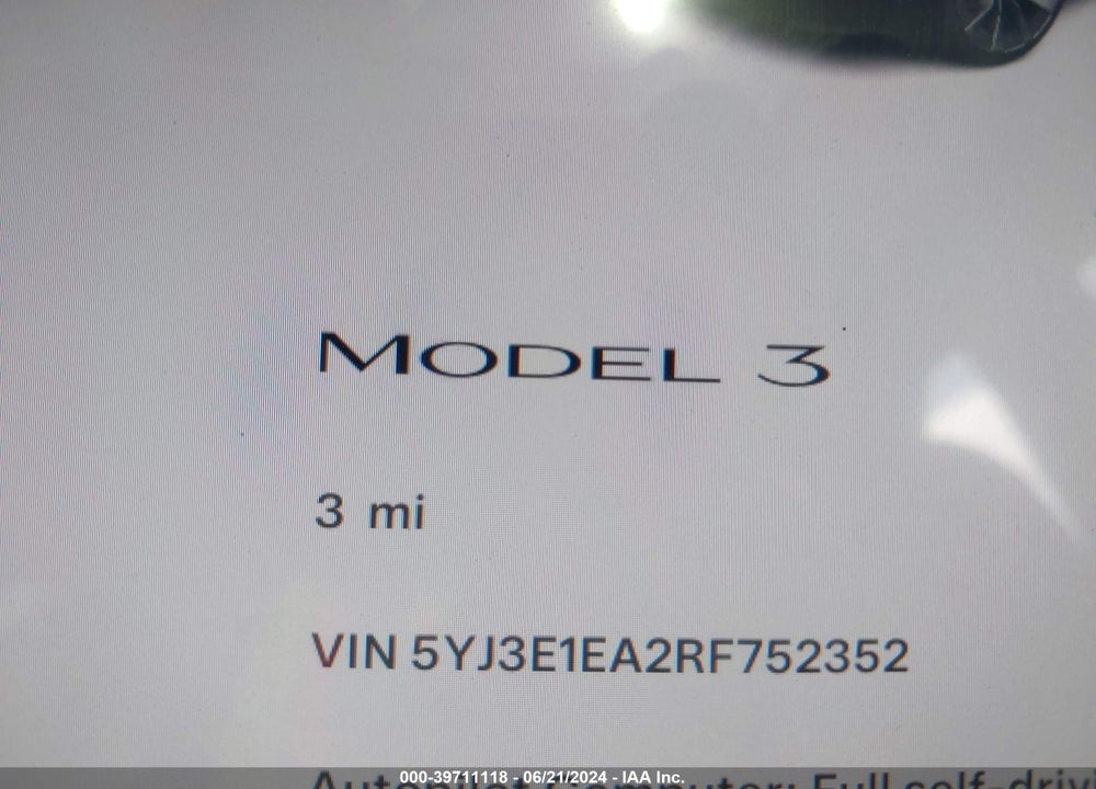 2024 TESLA MODEL 3 REAR-WHEEL DRIVE VIN: 5YJ3E1EA2RF752352