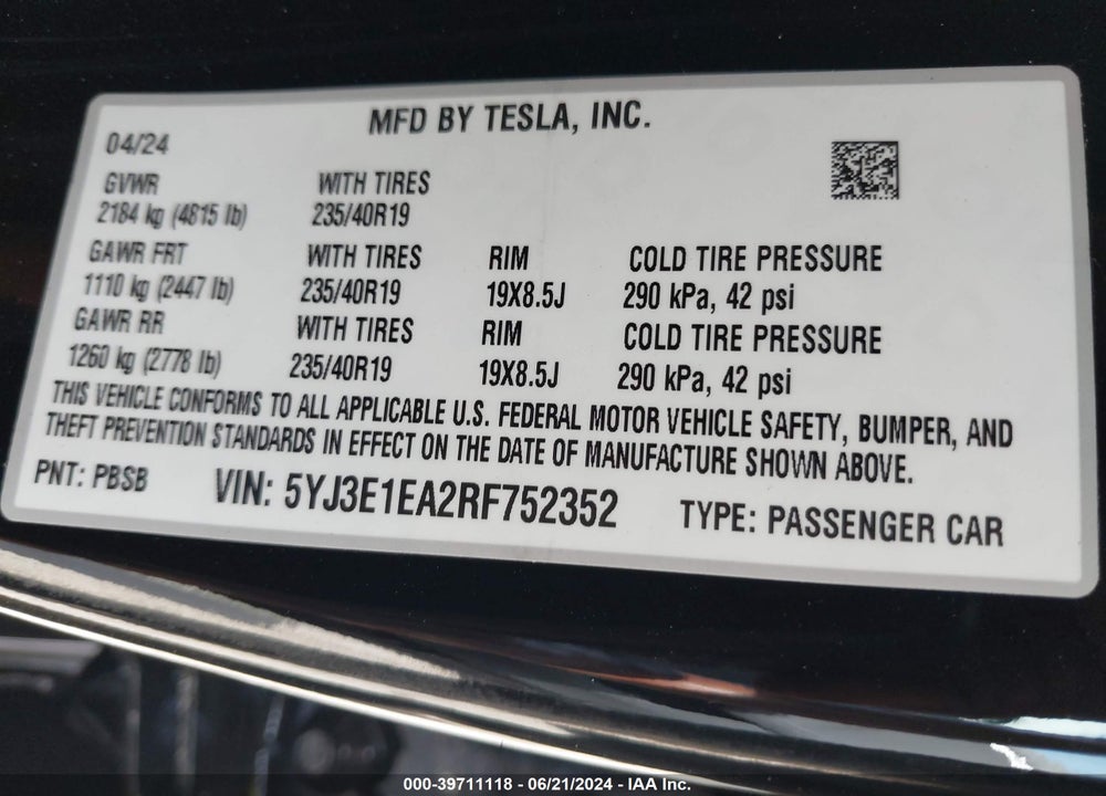 2024 TESLA MODEL 3 REAR-WHEEL DRIVE VIN: 5YJ3E1EA2RF752352