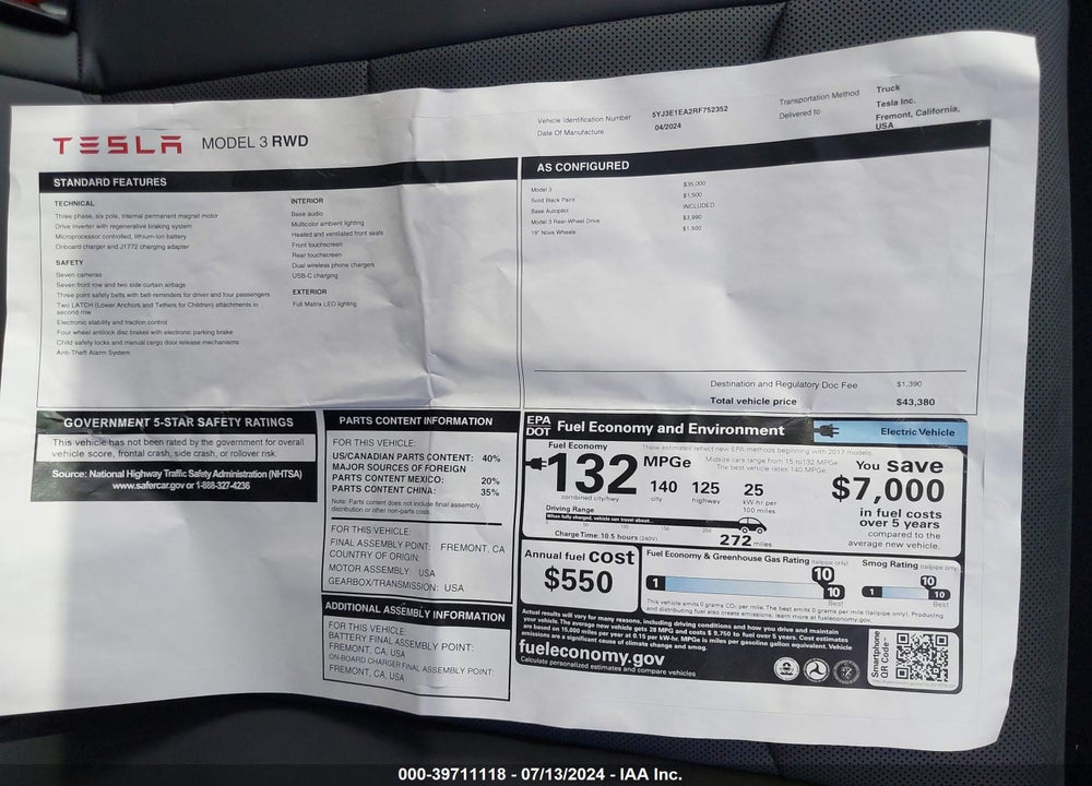2024 TESLA MODEL 3 REAR-WHEEL DRIVE VIN: 5YJ3E1EA2RF752352
