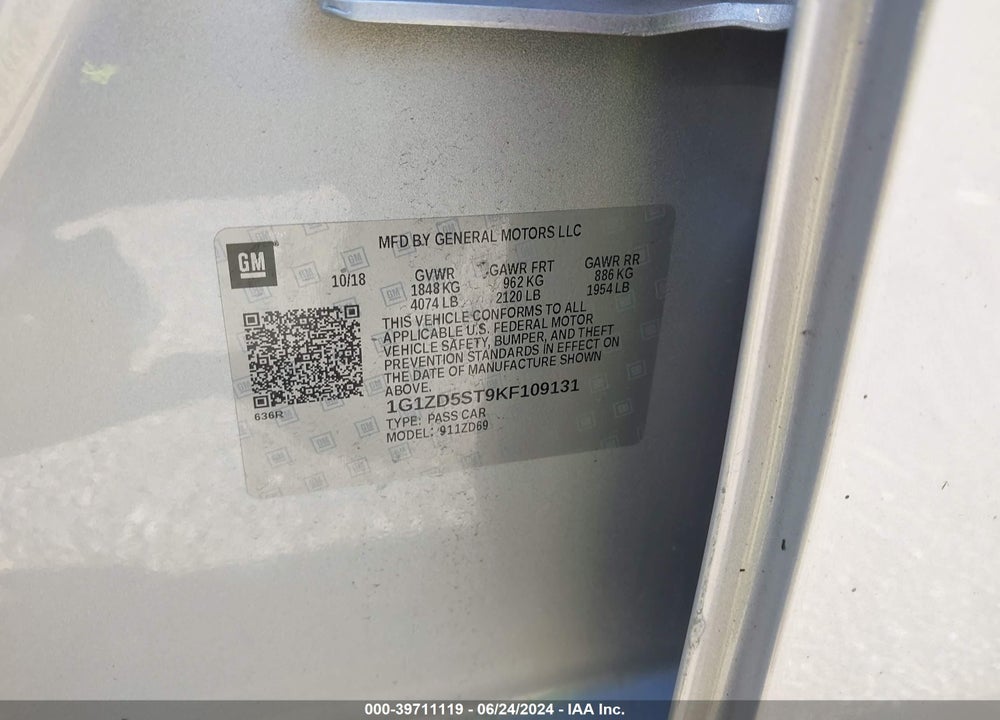 2019 CHEVROLET MALIBU LT VIN: 1G1ZD5ST9KF109131