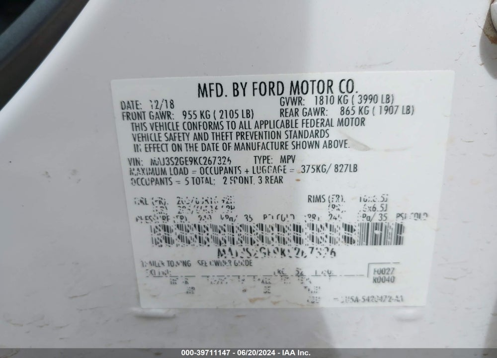 2019 FORD ECOSPORT SE VIN: MAJ3S2GE9KC267326