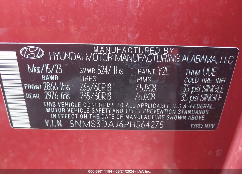 2023 HYUNDAI SANTA FE SEL VIN: 5NMS3DAJ6PH564275