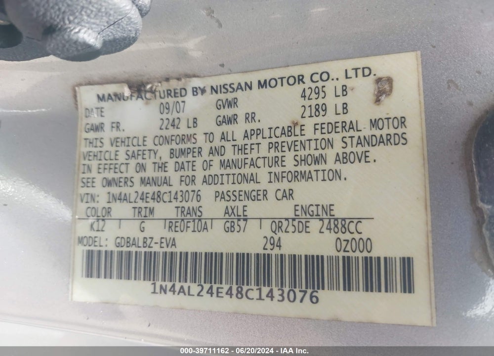 2008 NISSAN ALTIMA 2.5 S VIN: 1N4AL24E48C143076