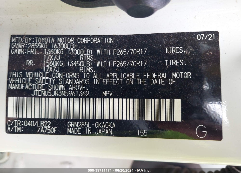 2021 TOYOTA 4RUNNER SR5 PREMIUM VIN: JTENU5JR3M5961362