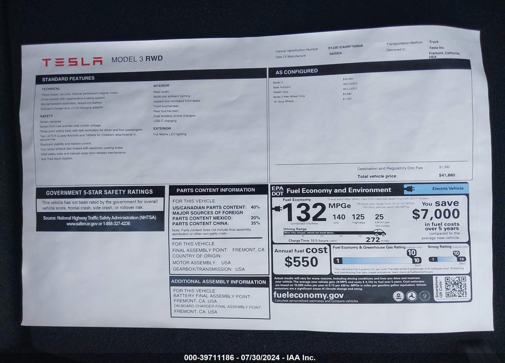 2024 TESLA MODEL 3 REAR-WHEEL DRIVE VIN: 5YJ3E1EA5RF750658
