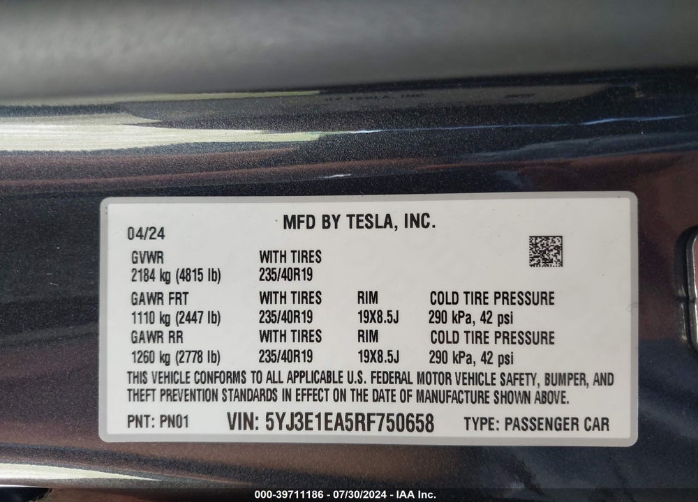 2024 TESLA MODEL 3 REAR-WHEEL DRIVE VIN: 5YJ3E1EA5RF750658