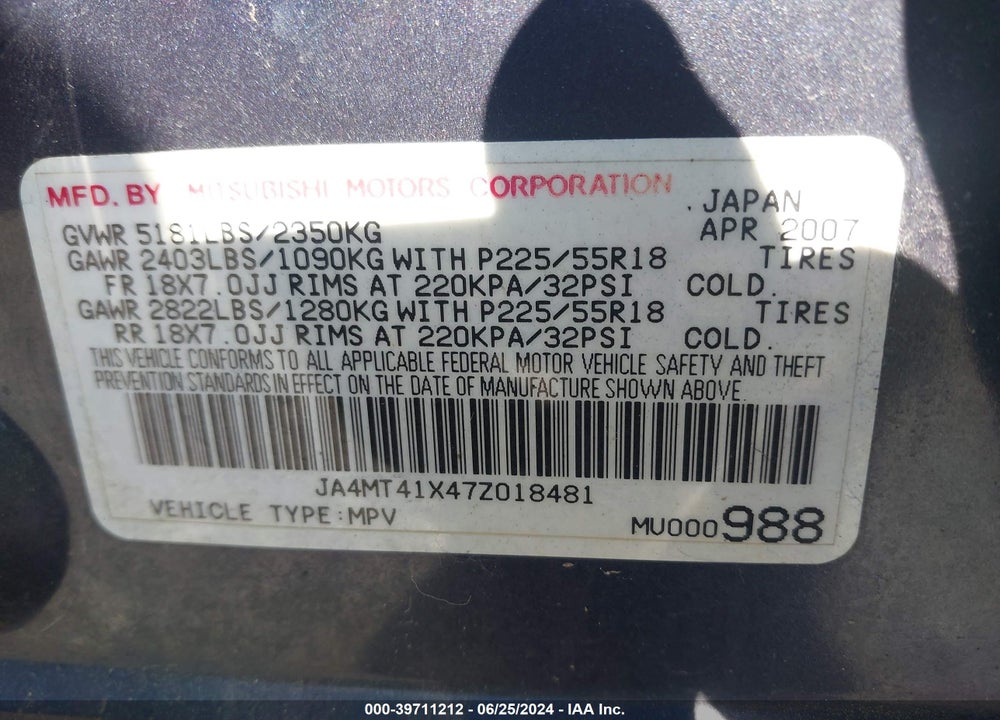 2007 MITSUBISHI OUTLANDER XLS VIN: JA4MT41X47Z018481
