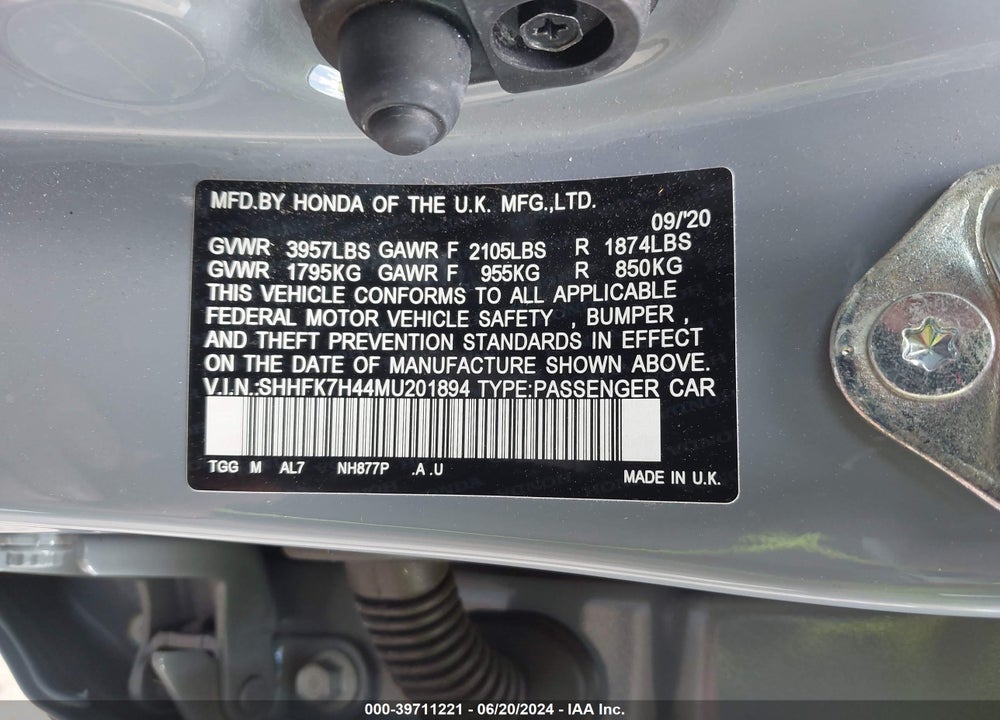 2021 HONDA CIVIC VIN: SHHFK7H44MU201894