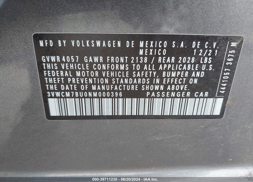 2022 VOLKSWAGEN JETTA VIN: 3VWCM7BU0NM000396