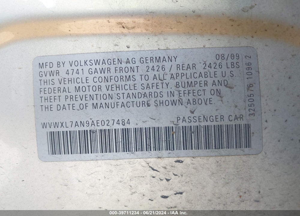 2010 VOLKSWAGEN PASSAT KOMFORT VIN: WVWXL7AN9AE027484